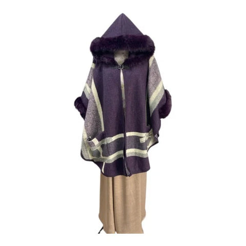 Women's Faux Fur Trim Hooded Cape Poncho Ladies Warm Wrap Shawl Jacket Cloak Coat UK
