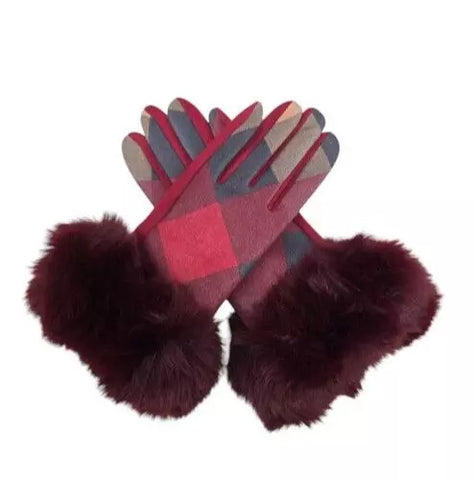 Women's Winter Gloves Fleece Fur Cuffs Soft Warm Glitter Check Tartan Touchscreen Gloves