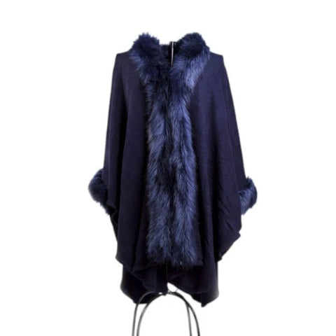 Womens Luxury Faux Fur Poncho Fleece Faux Fur Collar & Cuffs Ladies Layered Winter Warm Wrap Cape Shawl Coat