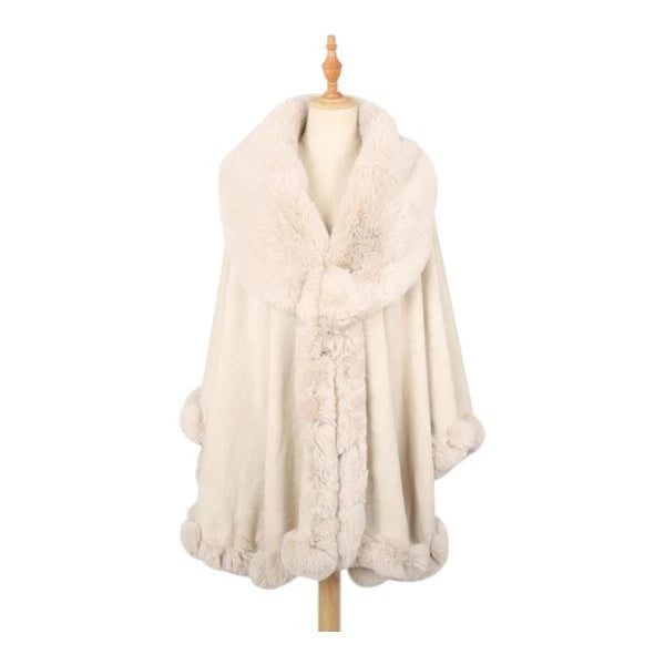 Women's Luxury Faux Fur Poncho Fleece Soft Faux Fur Collar & Cuffs Celebrity Style Warm Cape Shawl Wrap