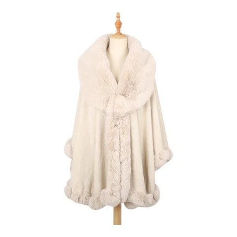 Women's Luxury Faux Fur Poncho Fleece Soft Faux Fur Collar & Cuffs Celebrity Style Warm Cape Shawl Wrap