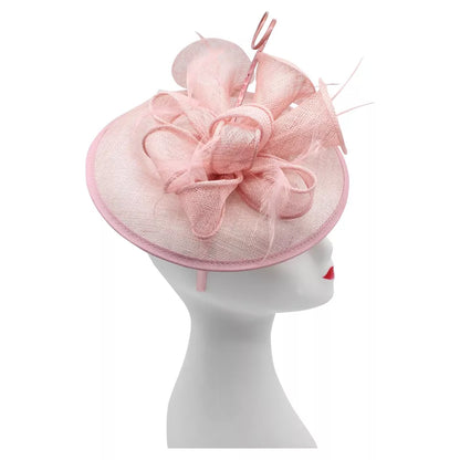 Sinamay Round Fascinator Headband Clip with feathers & Flower Detailing Wedding Hatinator