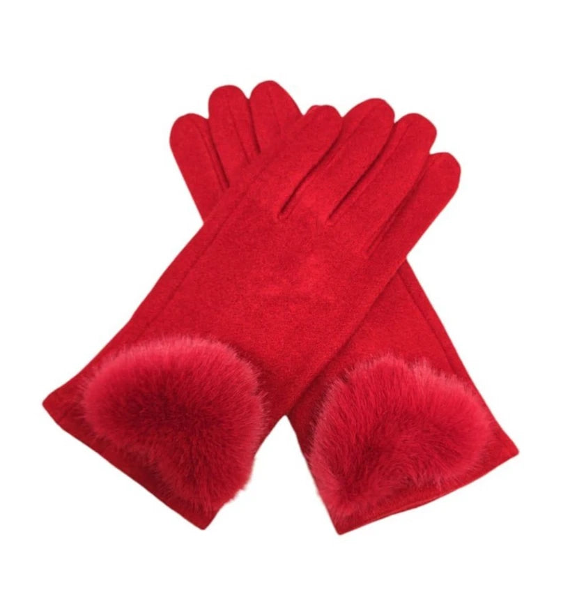 Women's Winter Gloves Soft Fur Pompom Cashmere Blend Ladies Fashion Plain Gloves