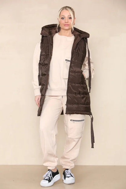 Women's Side Tassel Hooded Puffer Gilet Jacket Padded Waistcoat Body Warmer Side Pockets