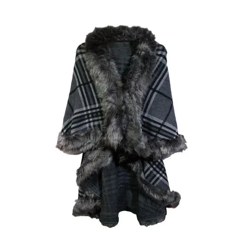 Womens Soft Layered Shawl Poncho Fleece Faux Fur Collar and Cuff Cape Shawl Wrap Check Pattern
