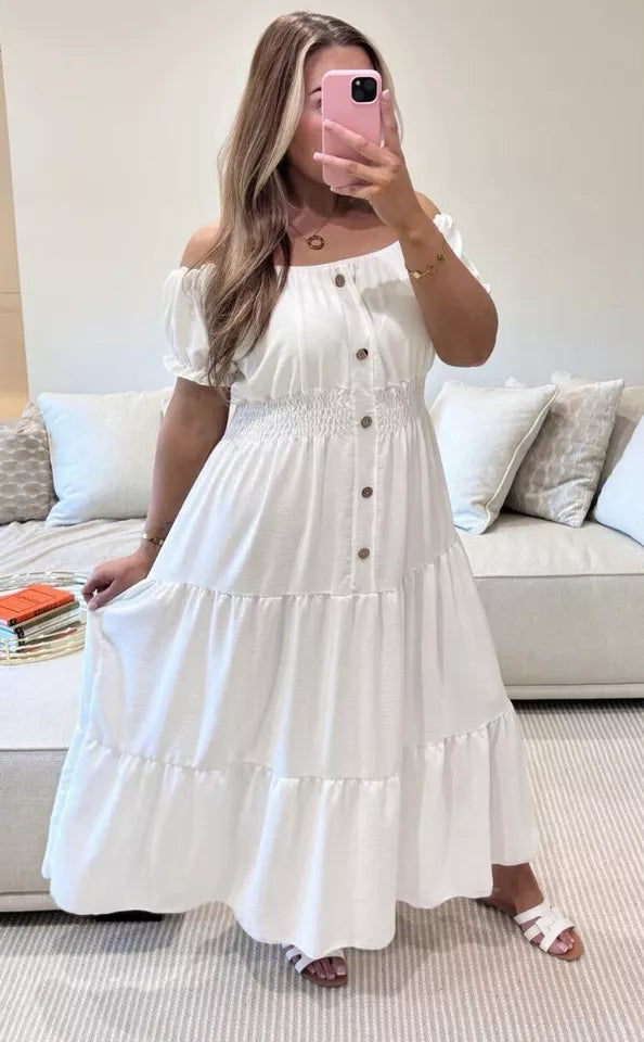Women Elasticated Bardot Off Shoulder Button Magic Ladies Summer Stretchy Long Maxi Dress