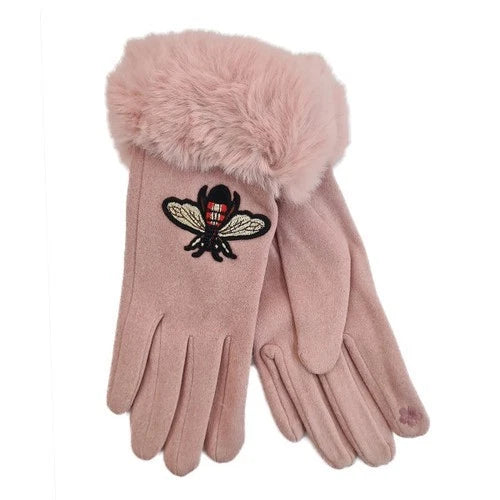 Women's Ladies Embroidered Bee Winter Gloves Touch Screen Fleece Warm Soft Fur Lined Thermal
