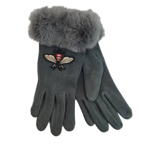 Women's Ladies Embroidered Bee Winter Gloves Touch Screen Fleece Warm Soft Fur Lined Thermal