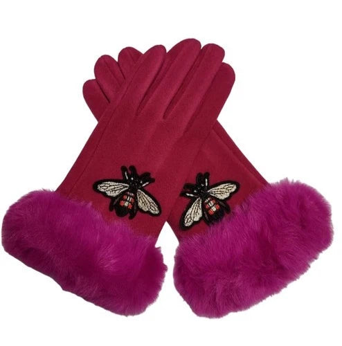 Women's Ladies Embroidered Bee Winter Gloves Touch Screen Fleece Warm Soft Fur Lined Thermal