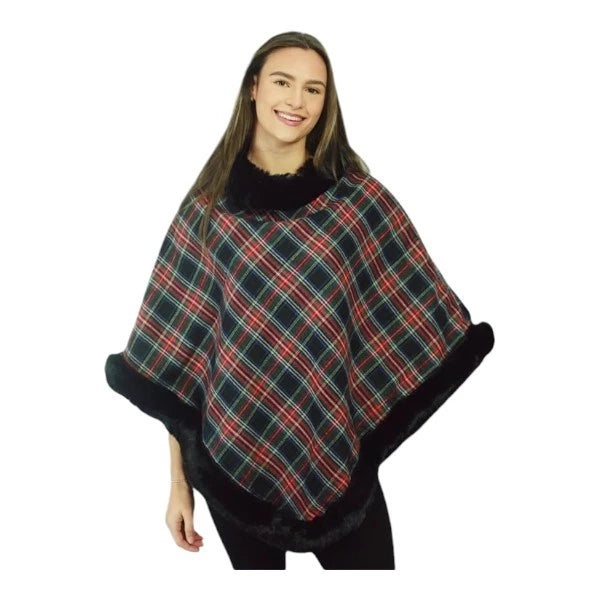 Women's Soft Cozy Stylish Poncho with Faux Fur Trim Winter Warm Ladies Cape Coat Wrap UK