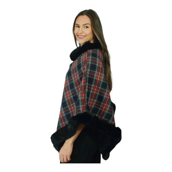 Women's Soft Cozy Stylish Poncho with Faux Fur Trim Winter Warm Ladies Cape Coat Wrap UK