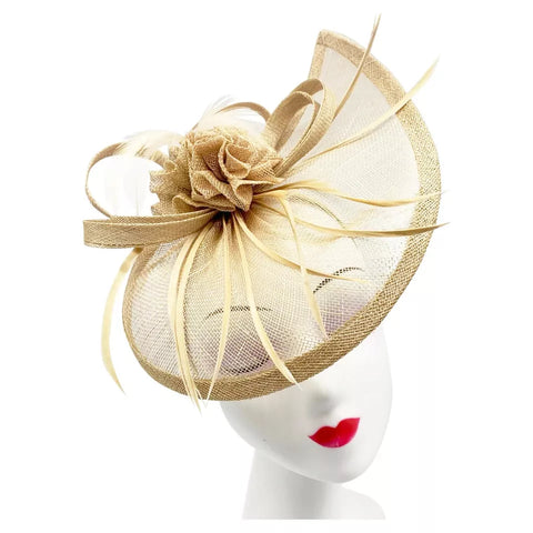Gauze Tear Drop Base Fascinator with Flower and Curled Feathers