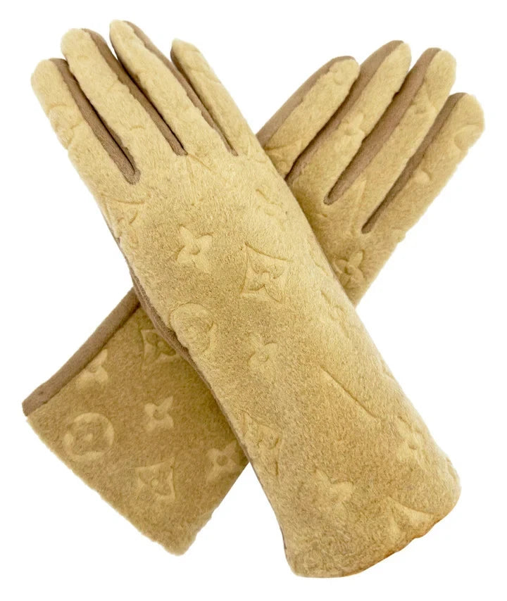 Women Soft Cosy Fashion Gloves Monogram Printed Touch Screen Winter Warm Fleece