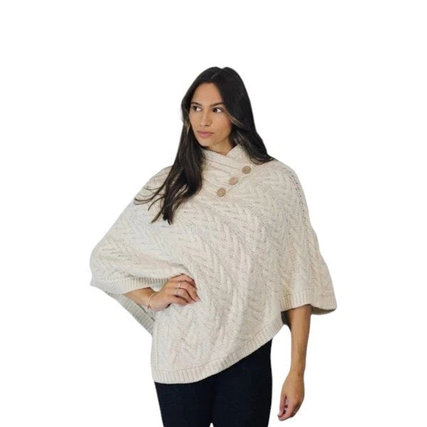 Women's Luxury Aran Cable Knit Poncho Button Neck Warm Winter Cape Shawl Wrap