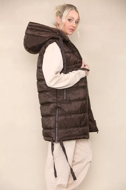 Women's Side Tassel Hooded Puffer Gilet Jacket Padded Waistcoat Body Warmer Side Pockets