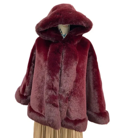 Women's Luxury Faux Fur Poncho Hooded Cape Ladies Cozy Winter Warm Coat Jacket Wrap UK