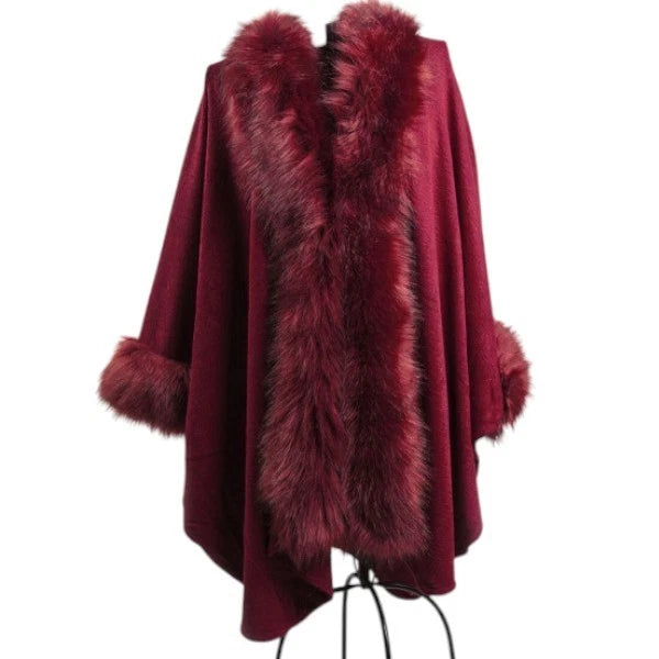 Womens Luxury Faux Fur Poncho Fleece Faux Fur Collar & Cuffs Ladies Layered Winter Warm Wrap Cape Shawl Coat