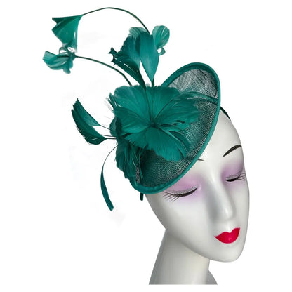 Women's Fascinator Headband Sinamay Round Hat Feather Wedding Royal Races Ascot