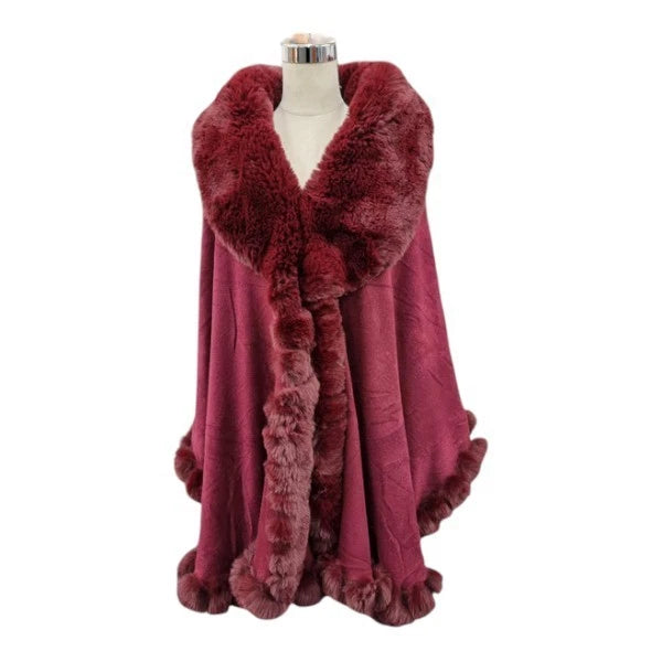 Women's Luxury Faux Fur Poncho Fleece Soft Faux Fur Collar & Cuffs Celebrity Style Warm Cape Shawl Wrap