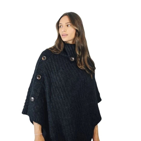 Women's Luxury Aran Cowl Neck Poncho Buttons Details Soft Cozy Winter Warm Wrap