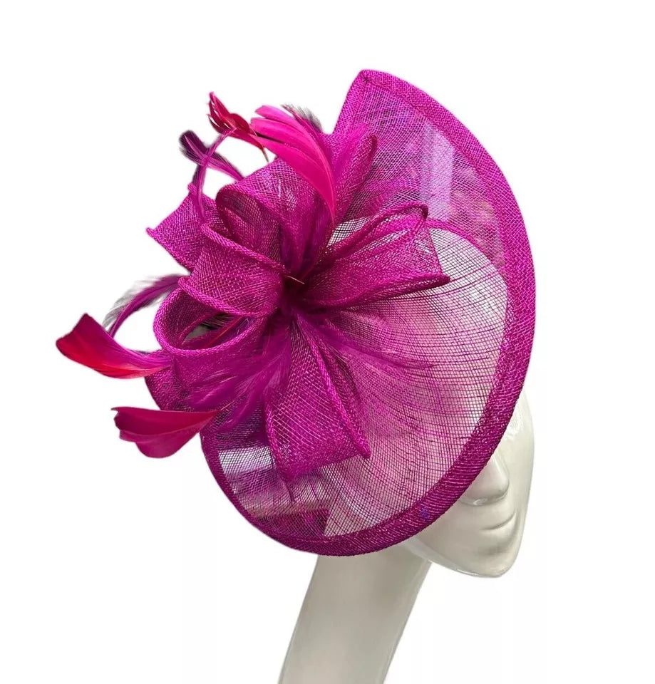 Sinamay Bow and Feather Teardrop Fascinator Headband & Clip Wedding Hat Race Royal Ascot Party