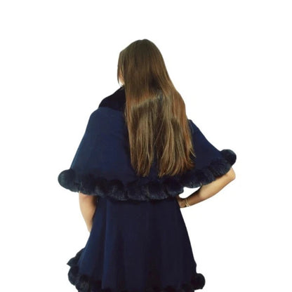 Womens Soft Double Layered Poncho Fleece Faux Fur Collar & Cuffs Ladies Luxury Poncho Cape Shawl Wrap