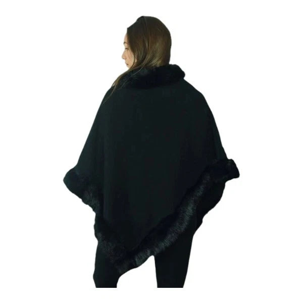 Women's Soft Cozy Stylish Poncho with Faux Fur Trim Winter Warm Ladies Cape Coat Wrap UK
