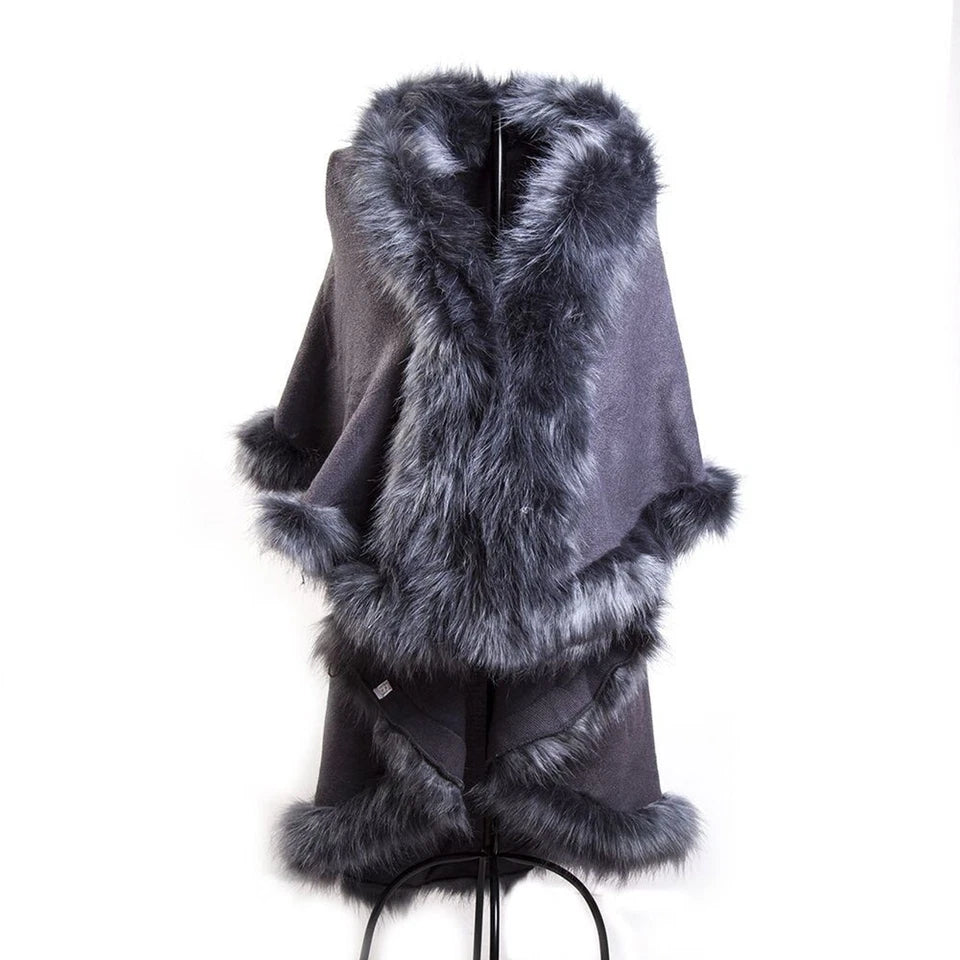 Womens Soft Double Layer Poncho Fleece Faux Fur Collar & Cuffs Ladies Cape Shawl Wrap UK