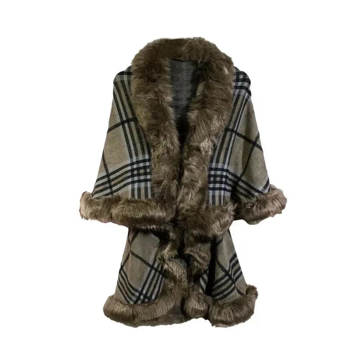 Womens Soft Layered Shawl Poncho Fleece Faux Fur Collar and Cuff Cape Shawl Wrap Check Pattern