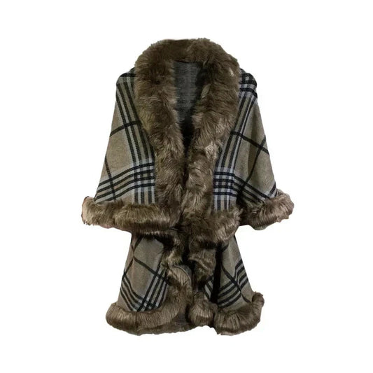Womens Soft Layered Shawl Poncho Fleece Faux Fur Collar and Cuff Cape Shawl Wrap Check Pattern
