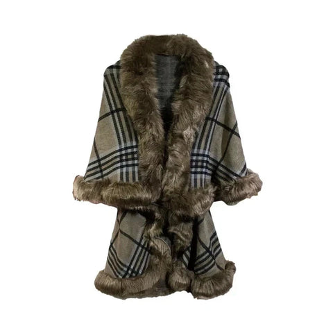 Womens Soft Layered Shawl Poncho Fleece Faux Fur Collar and Cuff Cape Shawl Wrap Check Pattern