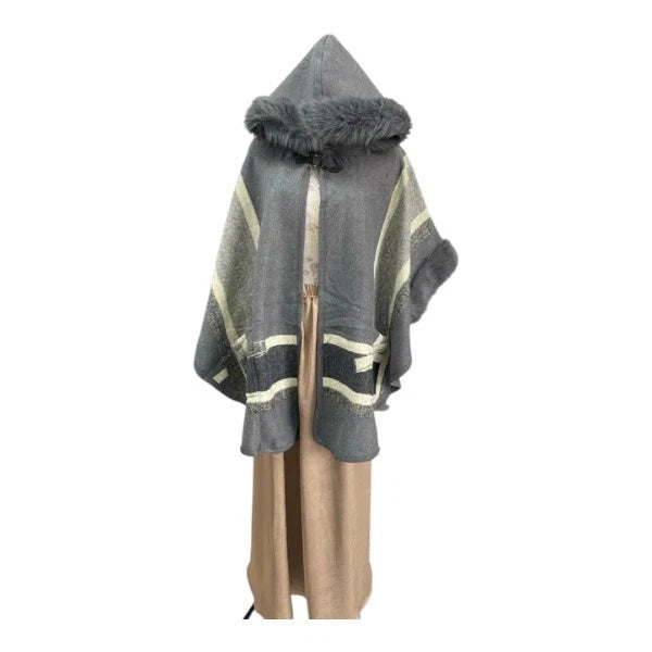 Women's Faux Fur Trim Hooded Cape Poncho Ladies Warm Wrap Shawl Jacket Cloak Coat UK