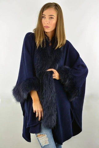 Womens Luxury Faux Fur Poncho Fleece Faux Fur Collar & Cuffs Ladies Layered Winter Warm Wrap Cape Shawl Coat
