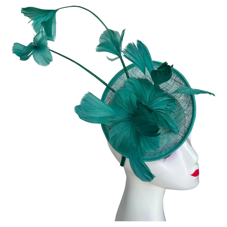 Women's Fascinator Headband Sinamay Round Hat Feather Wedding Royal Races Ascot