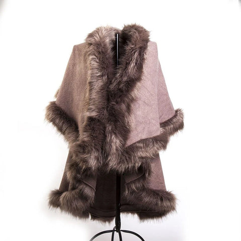 Womens Soft Double Layer Poncho Fleece Faux Fur Collar & Cuffs Ladies Cape Shawl Wrap UK
