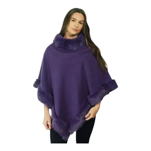 Women's Soft Cozy Stylish Poncho with Faux Fur Trim Winter Warm Ladies Cape Coat Wrap UK