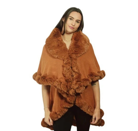Womens Soft Double Layered Poncho Fleece Faux Fur Collar & Cuffs Ladies Luxury Poncho Cape Shawl Wrap