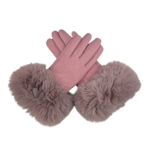 Women's Winter Round Faux Fur Gloves Cashmere Blend Gloves Soft Warm Fleece Touchscreen