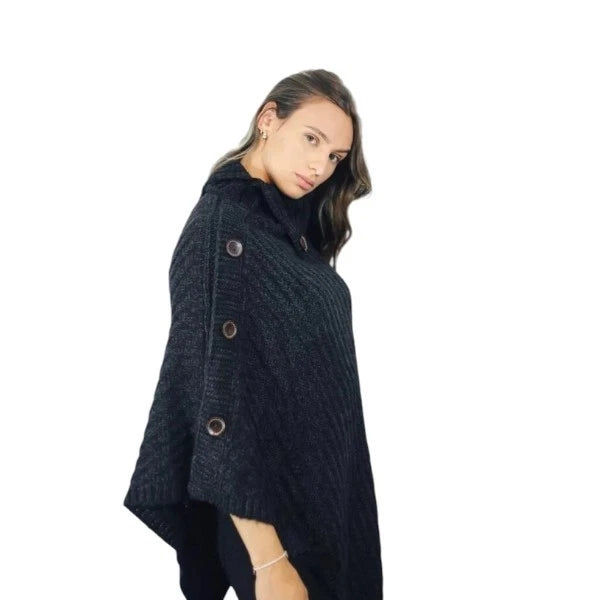 Women's Luxury Aran Cowl Neck Poncho Buttons Details Soft Cozy Winter Warm Wrap