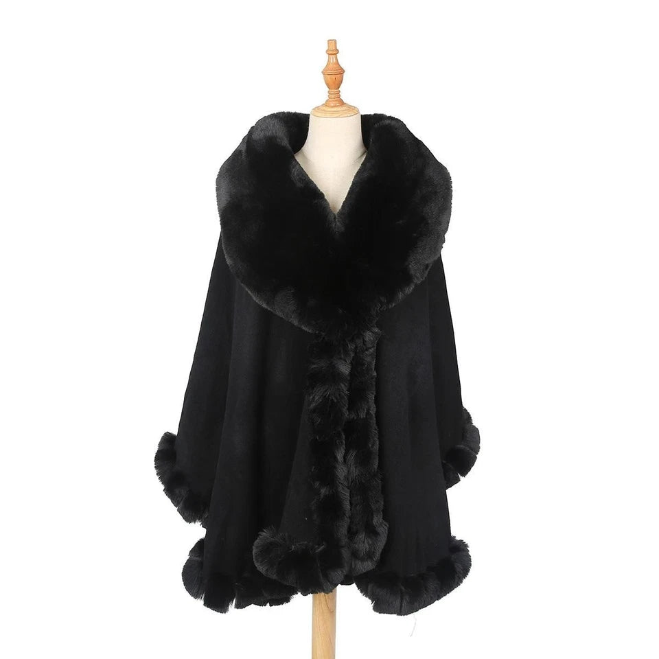 Women's Luxury Faux Fur Poncho Fleece Soft Faux Fur Collar & Cuffs Celebrity Style Warm Cape Shawl Wrap