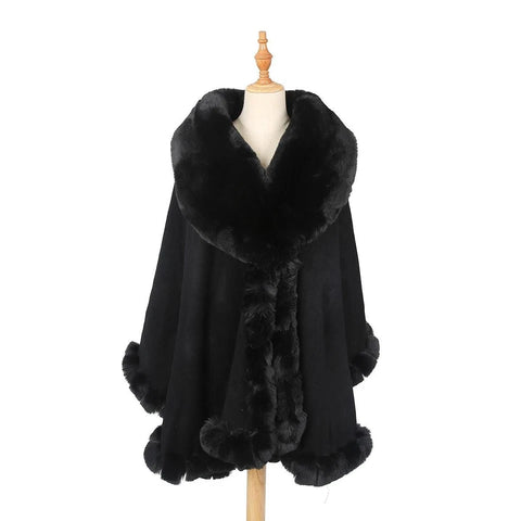 Women's Luxury Faux Fur Poncho Fleece Soft Faux Fur Collar & Cuffs Celebrity Style Warm Cape Shawl Wrap