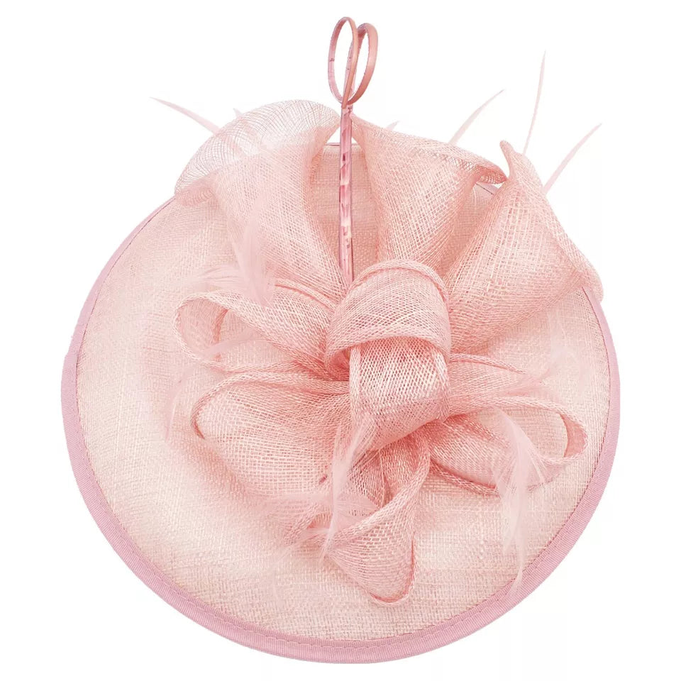 Sinamay Round Fascinator Headband Clip with feathers & Flower Detailing Wedding Hatinator