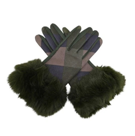 Women's Luxury Winter Warm Gloves Check Tartan Faux Fur Trim Gloves Fleece Lined