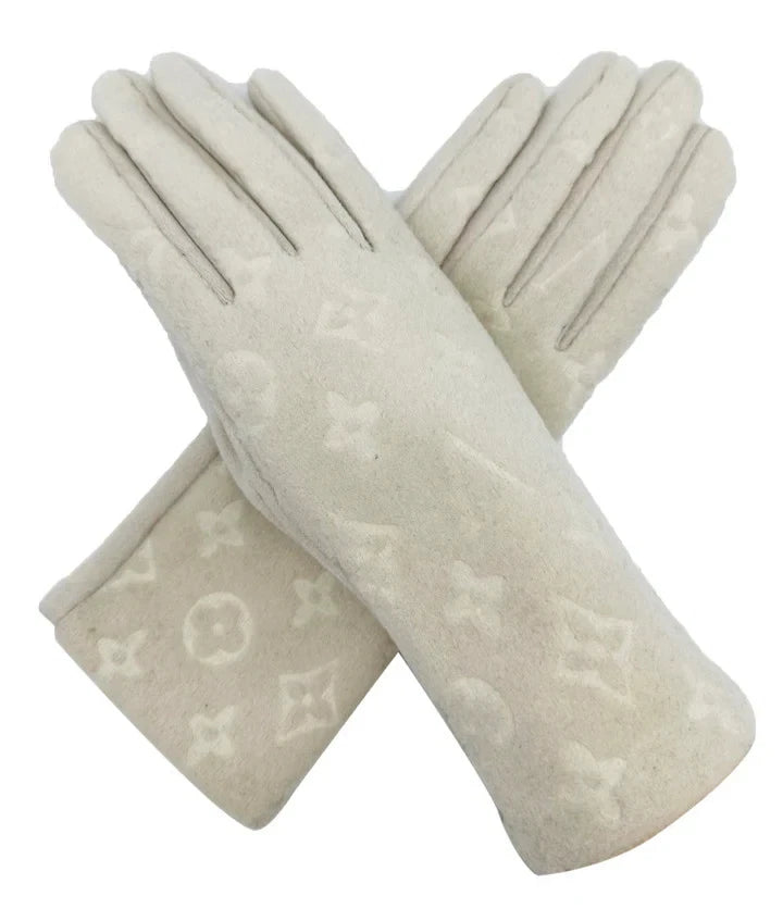 Women Soft Cosy Fashion Gloves Monogram Printed Touch Screen Winter Warm Fleece