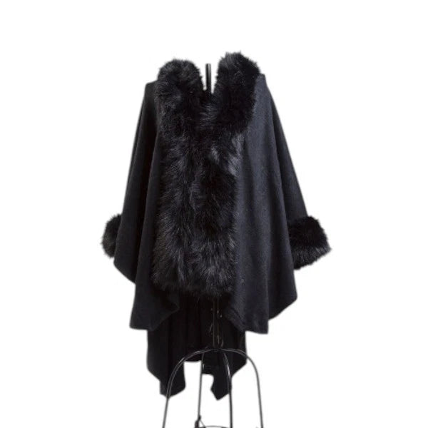Womens Luxury Faux Fur Poncho Fleece Faux Fur Collar & Cuffs Ladies Layered Winter Warm Wrap Cape Shawl Coat