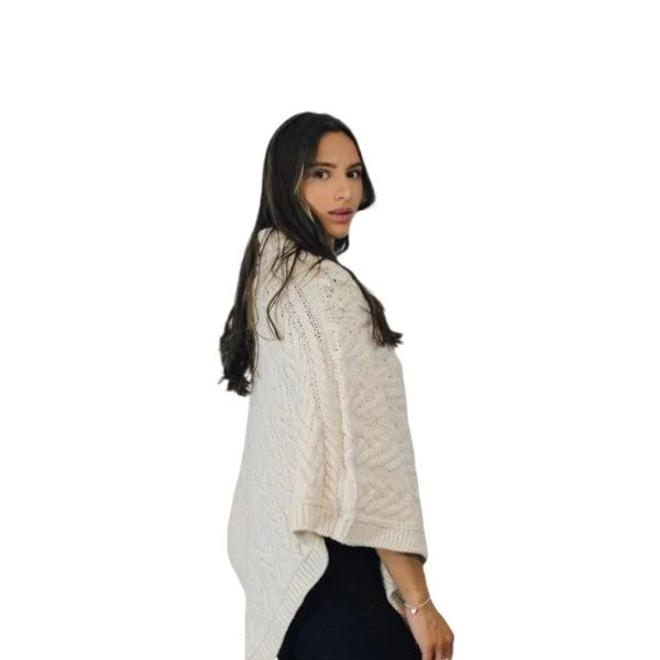 Women's Luxury Aran Cable Knit Poncho Button Neck Warm Winter Cape Shawl Wrap