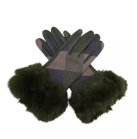 Women's Winter Gloves Fleece Fur Cuffs Soft Warm Glitter Check Tartan Touchscreen Gloves