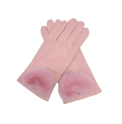 Women's Winter Gloves Soft Fur Pompom Cashmere Blend Ladies Fashion Plain Gloves