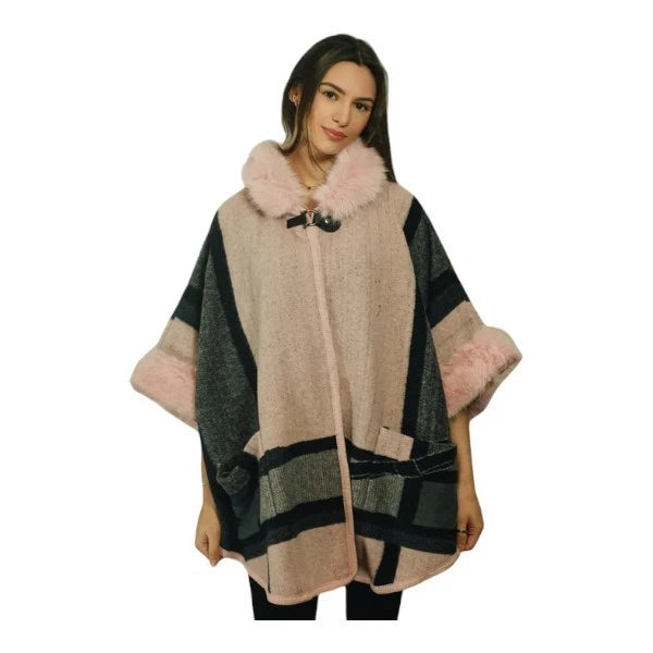 Women's Faux Fur Trim Hooded Cape Poncho Ladies Warm Wrap Shawl Jacket Cloak Coat UK