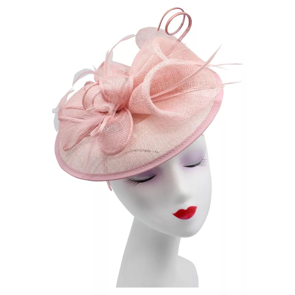 Sinamay Round Fascinator Headband Clip with feathers & Flower Detailing Wedding Hatinator